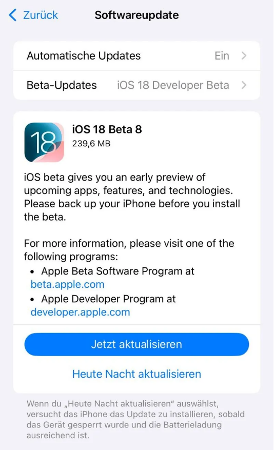 莒县苹果手机维修分享苹果 iOS / iPadOS 18 开发者预览版 Beta 8 发布 